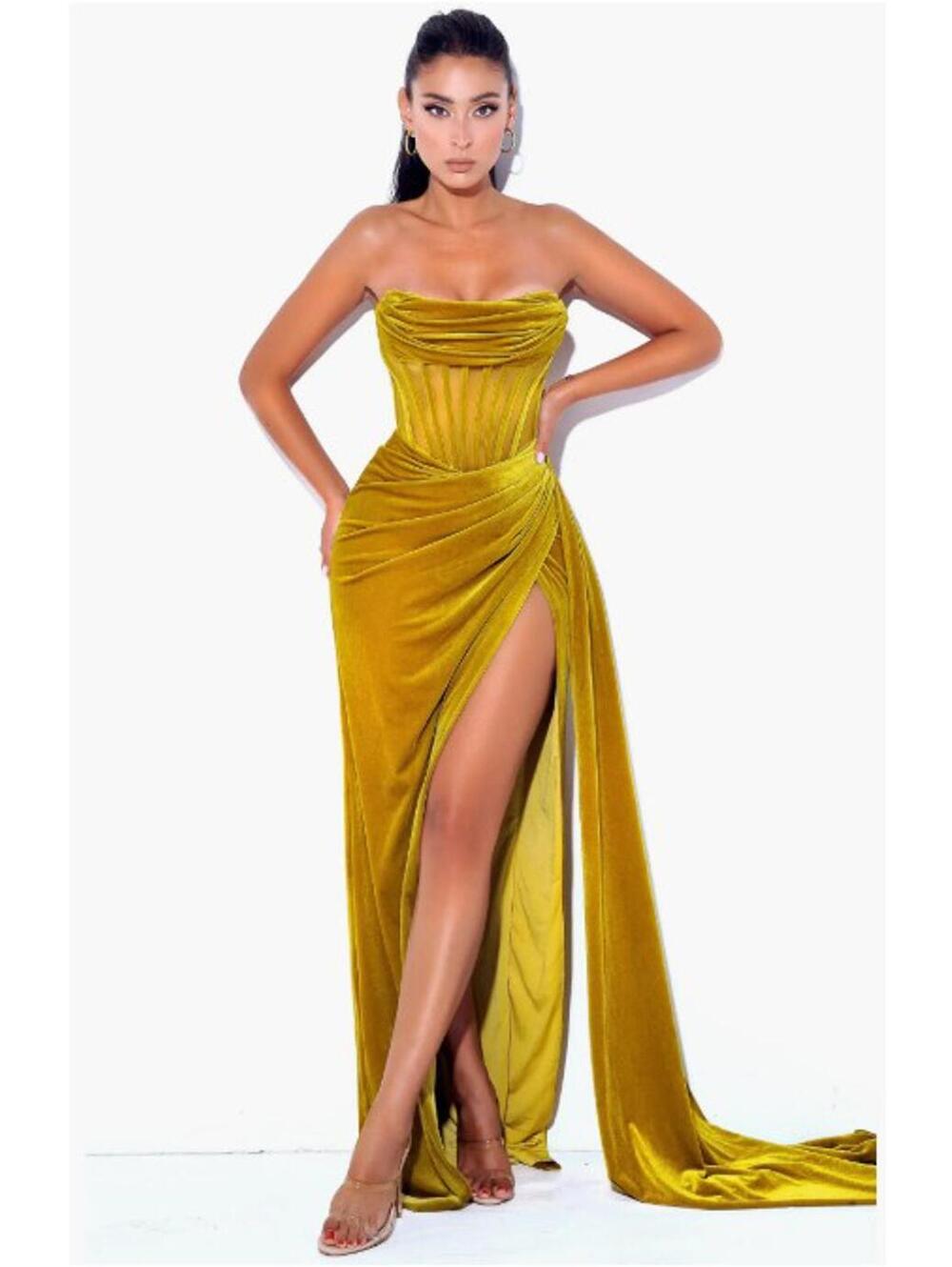Women's Miss Circle Priyaa High Slit Draping Corset Evening Gown Dress Sz Large